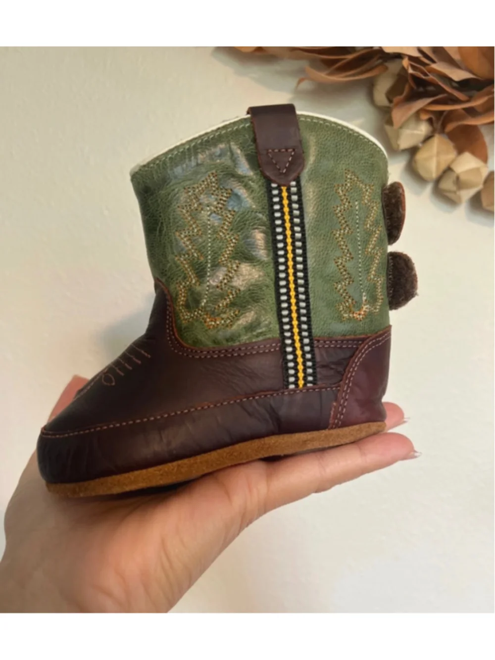 Old West Baby Western Cowboy Round Toe Boots Size 3 Brown and Green Leather